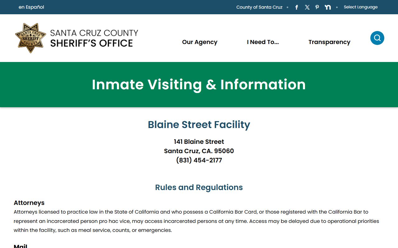 Blaine Street Facility inmate information page for Santa Cruz County jail custody