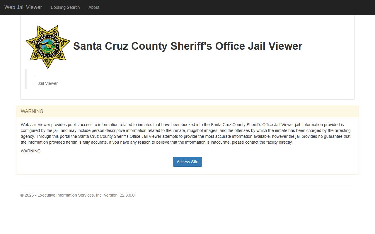 Santa Cruz County jail mugshots Web Jail Viewer warning page