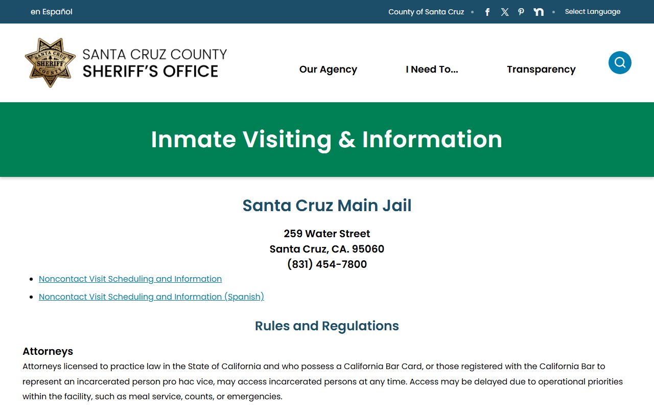 Santa Cruz County Main Jail inmate visiting and information page